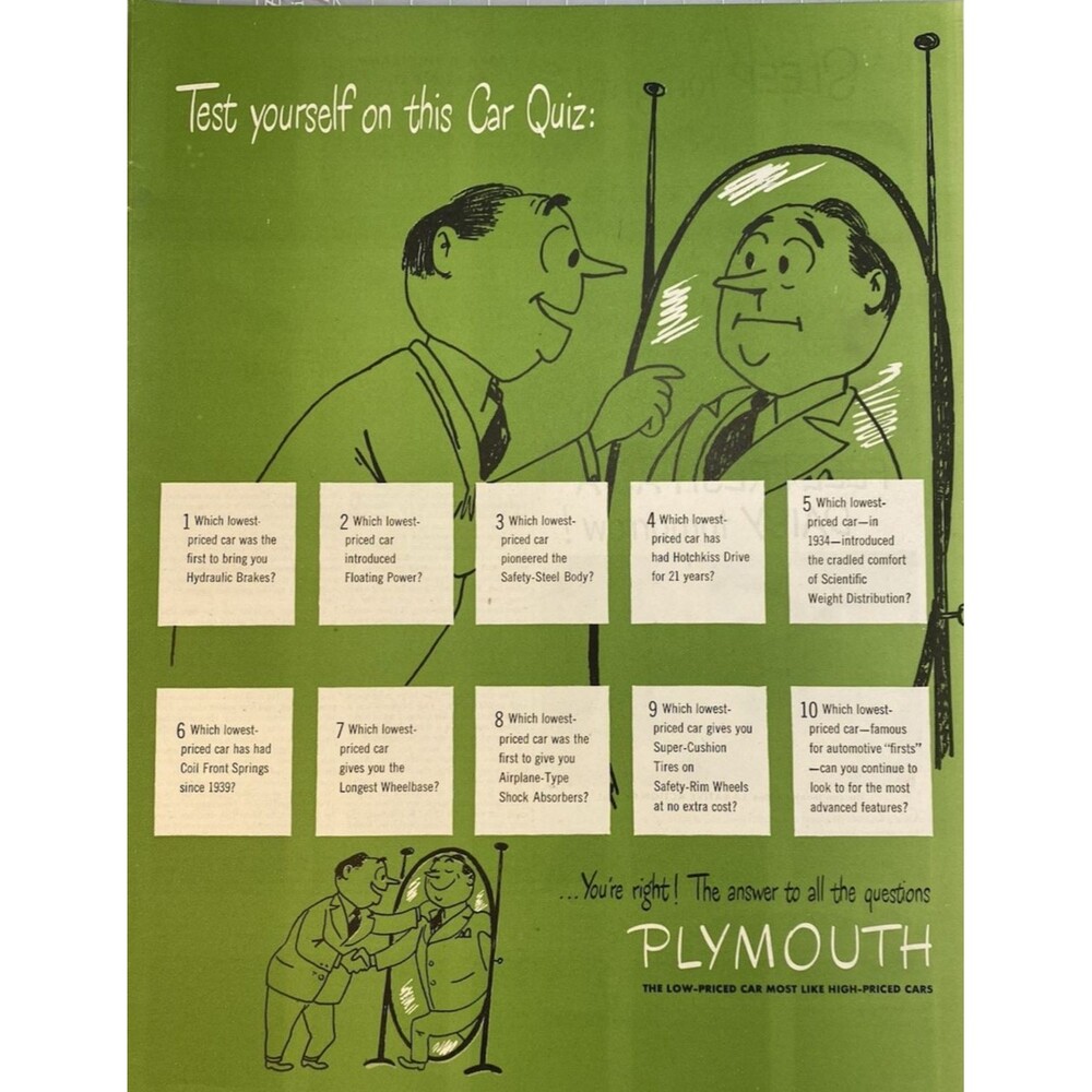 Plymouth "Test yourself on this car Quiz" Vintage Print Ad 1949